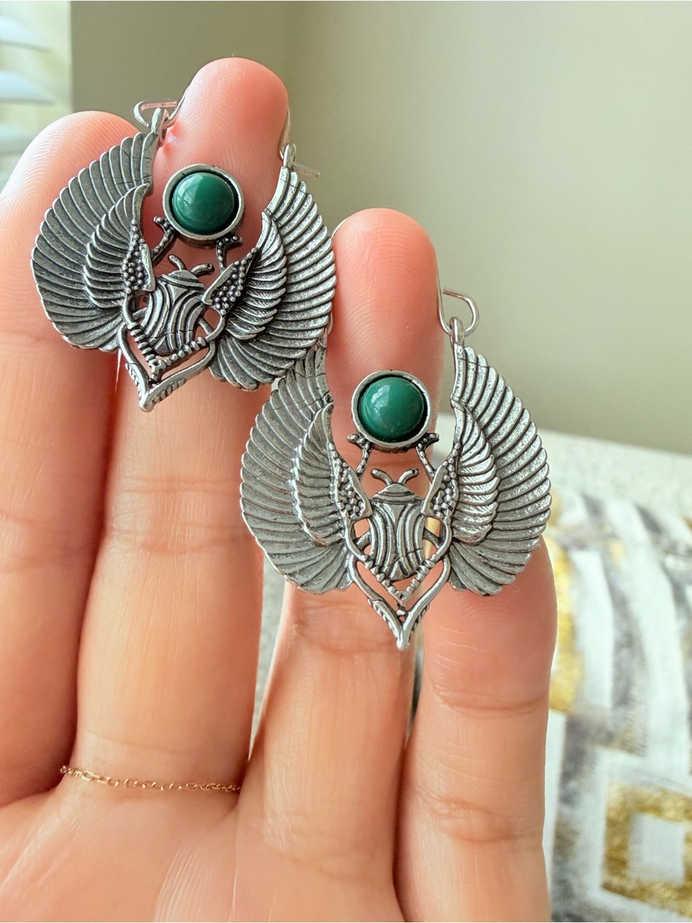 Silver Winged Drop Earrings with Green Stone -  Jewelry - Picture 7 of 9